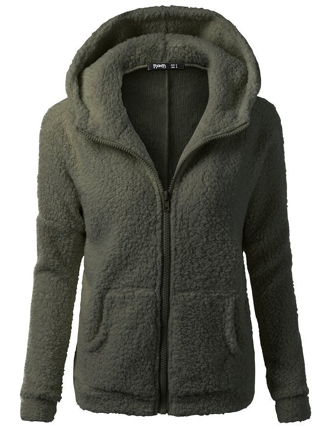 Soft fleece zip hoodie jacket with hood, dark green textured pile