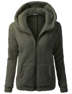 Soft fleece zip hoodie jacket with hood, dark green textured pile
