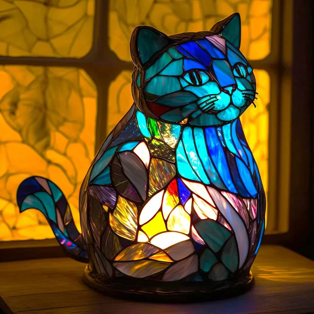 Cat mosaic stained-glass table lamp with teal, blue, and warm golden glow