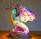 Dragon mosaic stained-glass table lamp with rainbow scales and warm base light