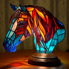 Horse head mosaic stained-glass table lamp with bright red, blue, and gold tones