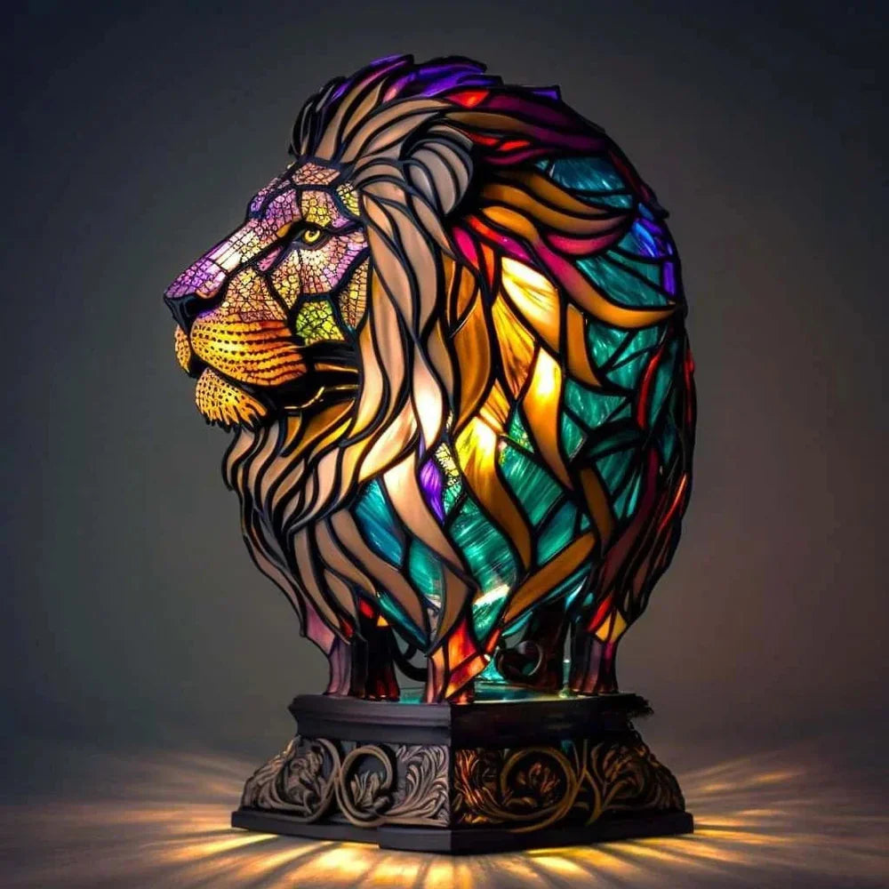 Lion head mosaic stained-glass table lamp with colorful glowing accents
