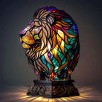 Lion head mosaic stained-glass table lamp with colorful glowing accents