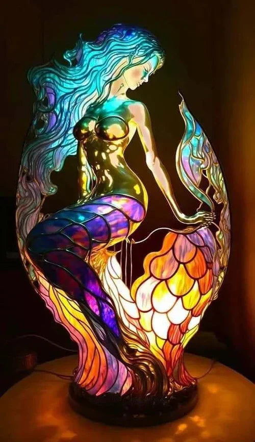 Mermaid mosaic stained-glass table lamp with colorful tail and warm lit base