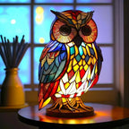 Owl mosaic stained-glass table lamp with red and gold glowing eyes