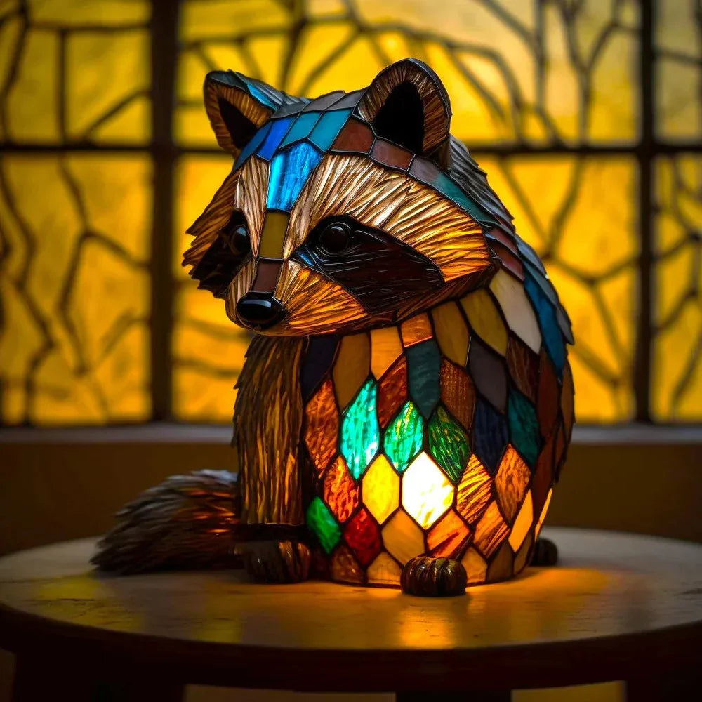 Raccoon-shaped stained-glass table lamp with bright multicolor glowing body