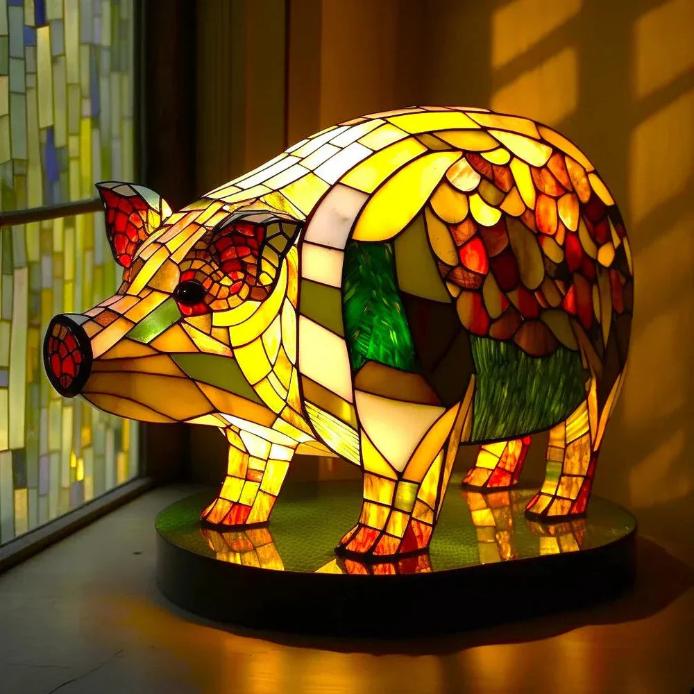 Elephant-shaped stained-glass table lamp with multicolor glowing light panels