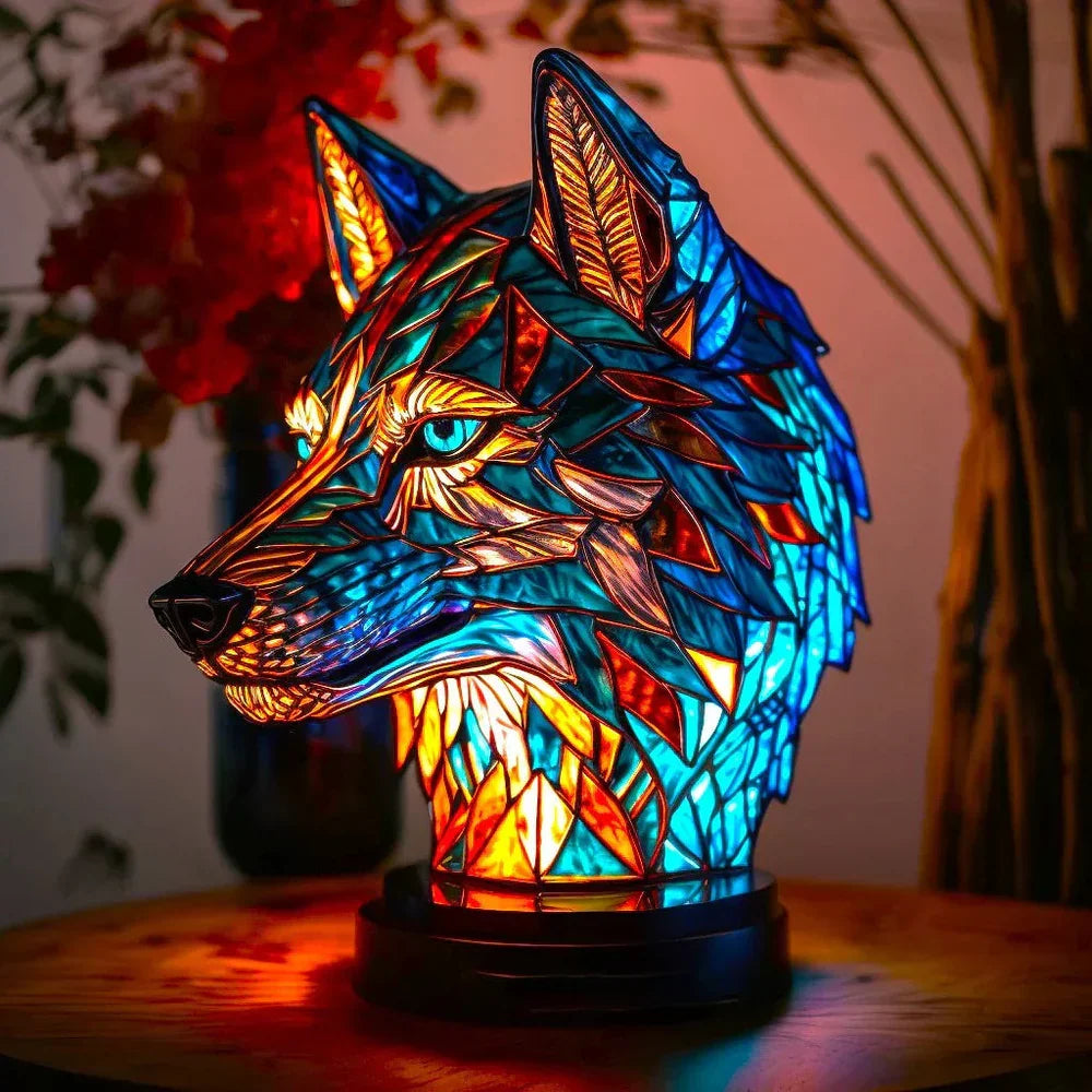 Wolf head mosaic stained-glass table lamp with blue and orange glowing accents