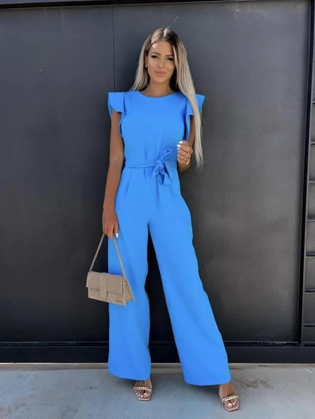 Blue wide-leg jumpsuit with flutter sleeves and belt