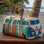 Colorful quilted travel bag with camper artwork, peace sign, and striped fabric panels