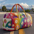 Padded travel bag with retro camper design, multicolor patchwork and flower details
