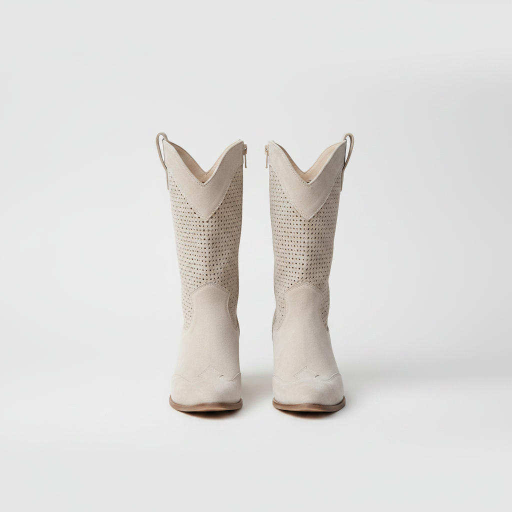 Women’s western cowboy boots, light beige perforated mid-calf pair with chunky heel
