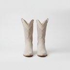 Women’s western cowboy boots, light beige perforated mid-calf pair with chunky heel