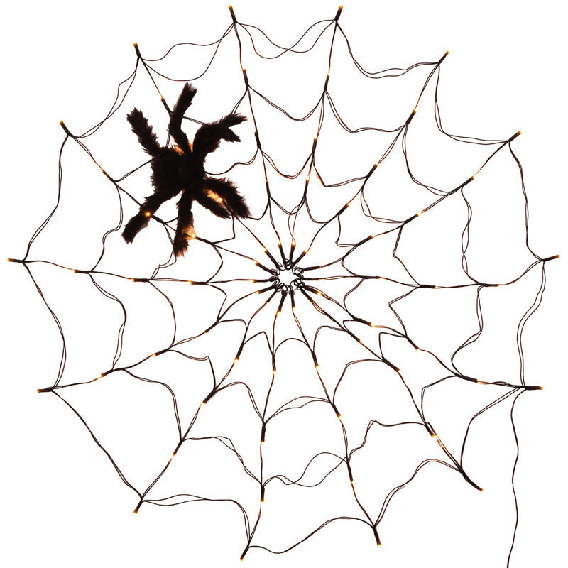 Black spiderweb LED decoration with warm glowing lights and black spider silhouettes