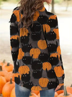 Women's Halloween long-sleeve top, black with orange pumpkins and black cats
