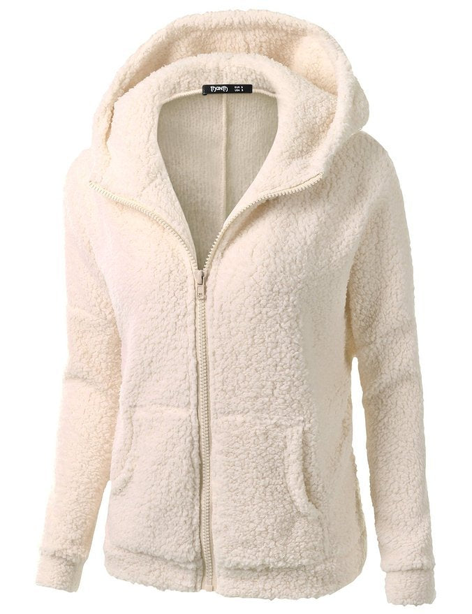 Soft fleece hooded zip jacket in light beige with front zip and kangaroo pocket
