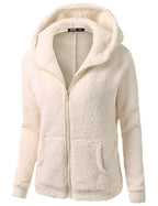Soft fleece hooded zip jacket in light beige with front zip and kangaroo pocket