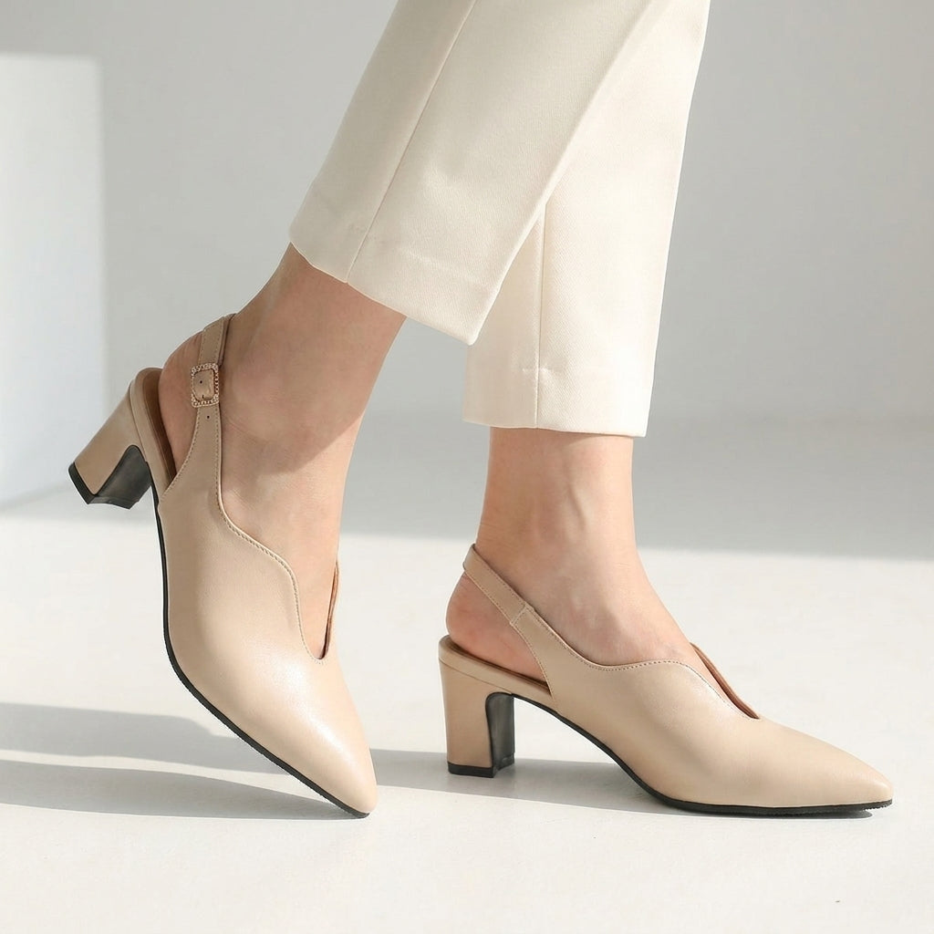 Beige pointed toe slingback sandals with block heel and sling strap