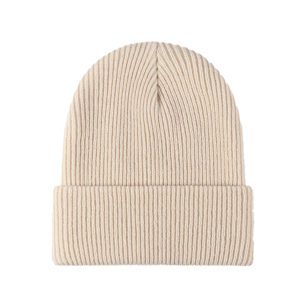 Beige knitted beanie with ribbed fold-over brim