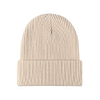Beige knitted beanie with ribbed fold-over brim
