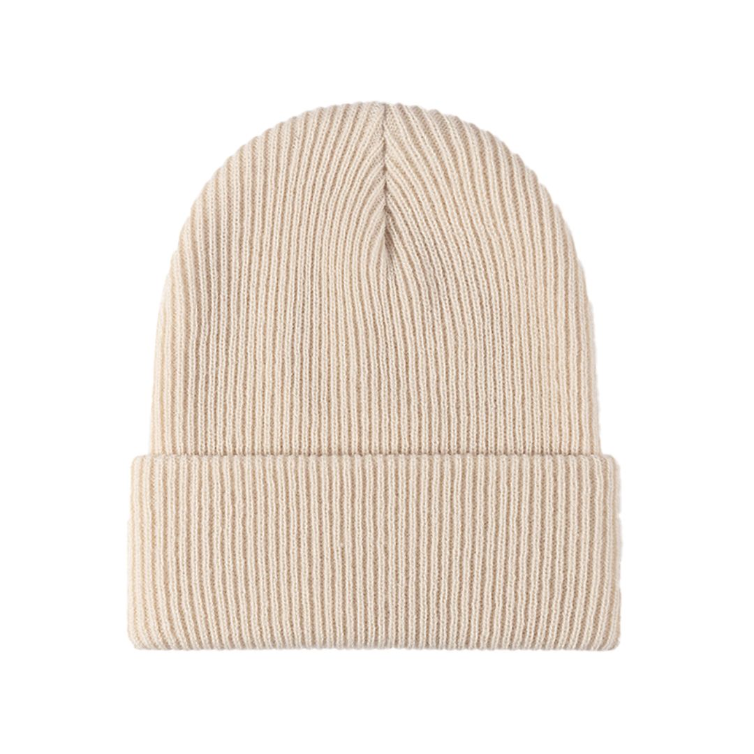 Beige knitted beanie with ribbed fold-over brim