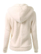 Women's soft fleece zip hoodie, off-white; back view with attached hood.