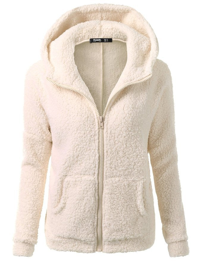 Beige hooded full-zip sherpa fleece jacket with textured pile