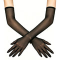 Sheer mesh elbow-length gloves in dark black, with smooth fitted cuffs