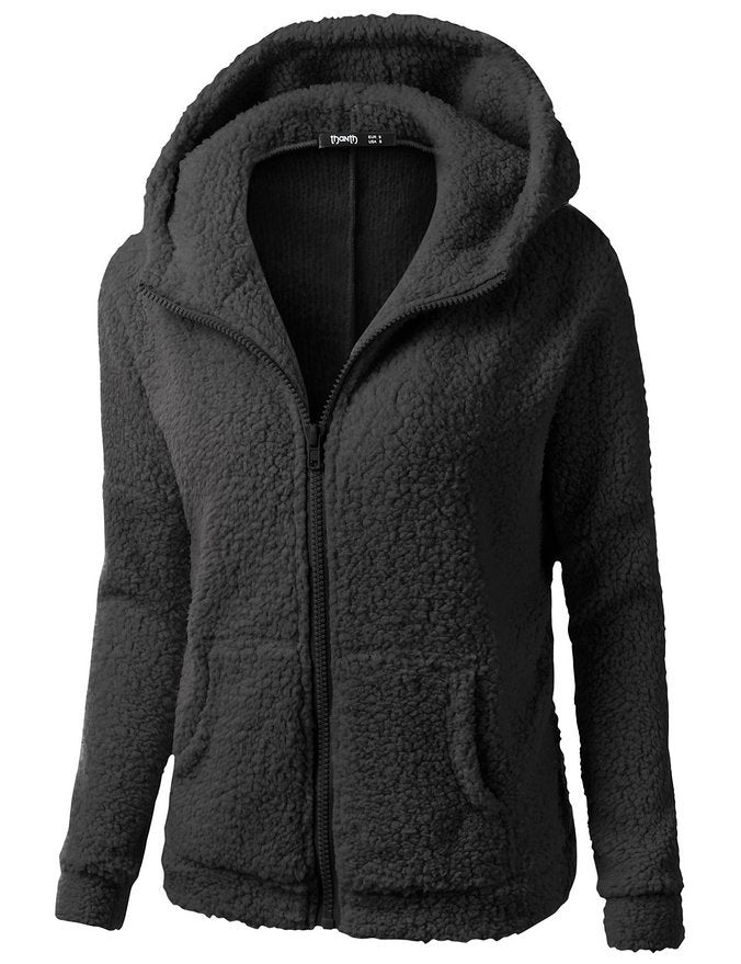 Soft fleece hooded zip jacket in black with front zip closure and hood lining