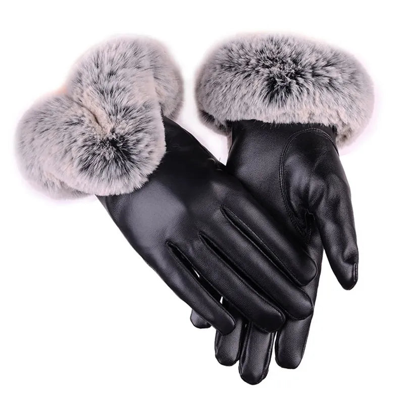 Black leather gloves with plush gray faux fur cuffs and streamlined finger seams.