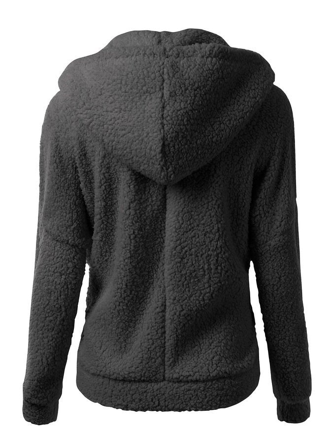 Soft fleece hooded zip jacket in dark gray, back view with hood and fitted hem
