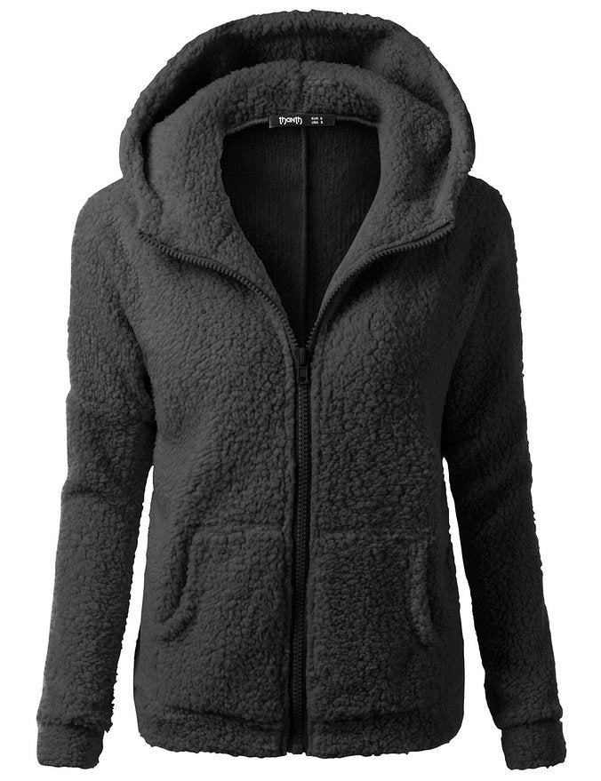 Dark gray hooded full-zip sherpa fleece jacket with zip-front closure