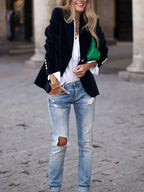Women’s Velvet Button-Front Tailored Blazer - Single-Breasted Workwear Jacket