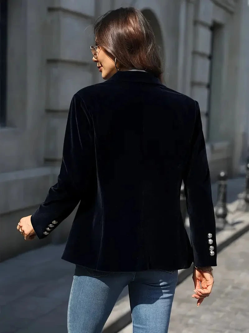 Women’s Velvet Button-Front Tailored Blazer - Single-Breasted Workwear Jacket