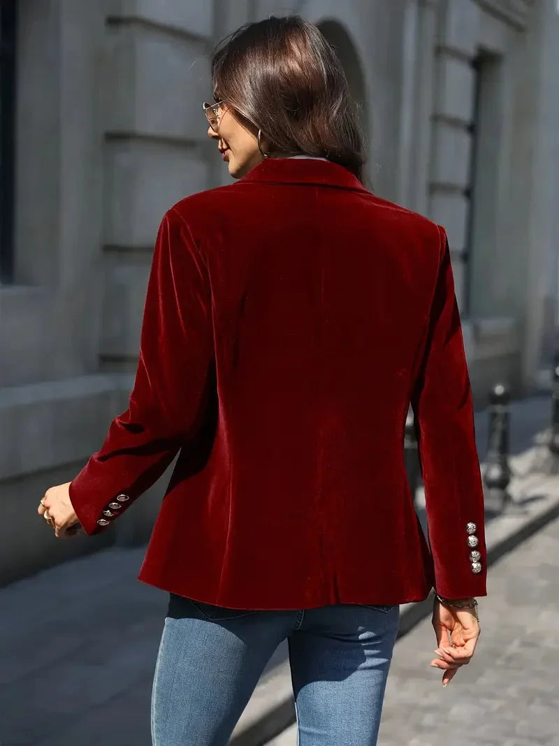 Women’s Velvet Button-Front Tailored Blazer - Single-Breasted Workwear Jacket