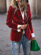 Women’s Velvet Button-Front Tailored Blazer - Single-Breasted Workwear Jacket