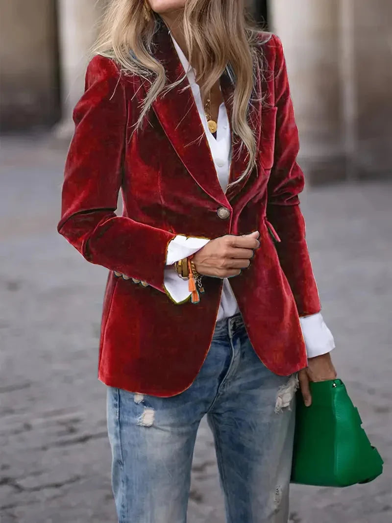 Women’s Velvet Button-Front Tailored Blazer - Single-Breasted Workwear Jacket