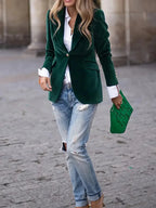 Women’s Velvet Button-Front Tailored Blazer - Single-Breasted Workwear Jacket