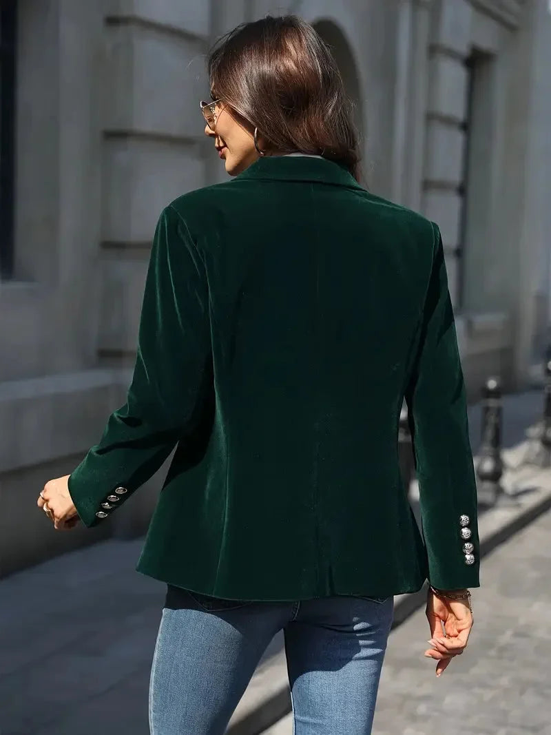Women’s Velvet Button-Front Tailored Blazer - Single-Breasted Workwear Jacket