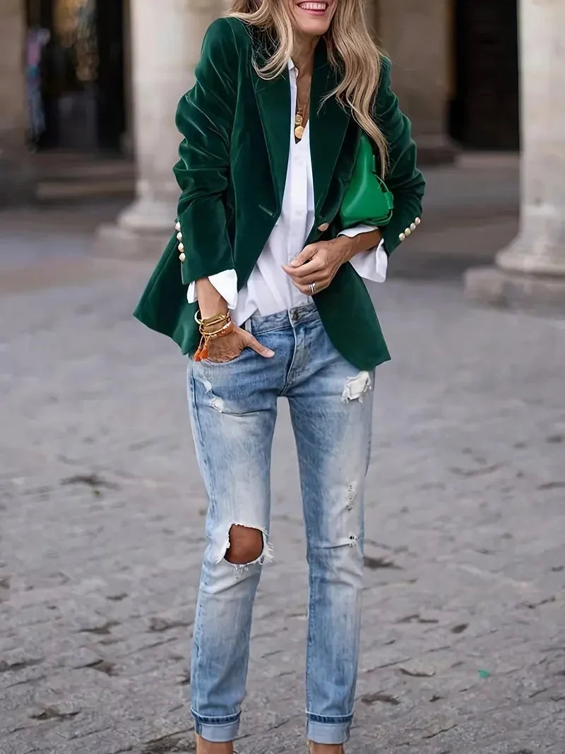 Women’s Velvet Button-Front Tailored Blazer - Single-Breasted Workwear Jacket