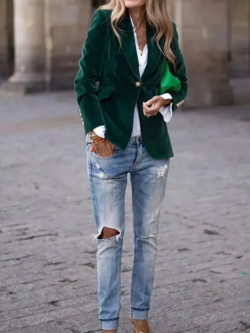 Women’s Velvet Button-Front Tailored Blazer - Single-Breasted Workwear Jacket