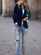 Women’s Velvet Button-Front Tailored Blazer - Single-Breasted Workwear Jacket