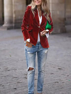 Women’s Velvet Button-Front Tailored Blazer - Single-Breasted Workwear Jacket