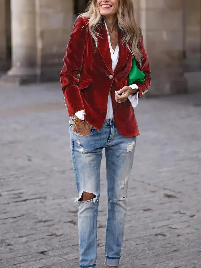 Women’s Velvet Button-Front Tailored Blazer - Single-Breasted Workwear Jacket