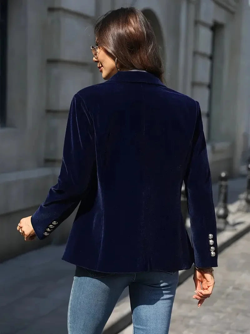 Women’s Velvet Button-Front Tailored Blazer - Single-Breasted Workwear Jacket