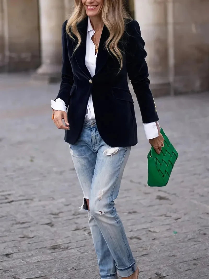 Women’s Velvet Button-Front Tailored Blazer - Single-Breasted Workwear Jacket