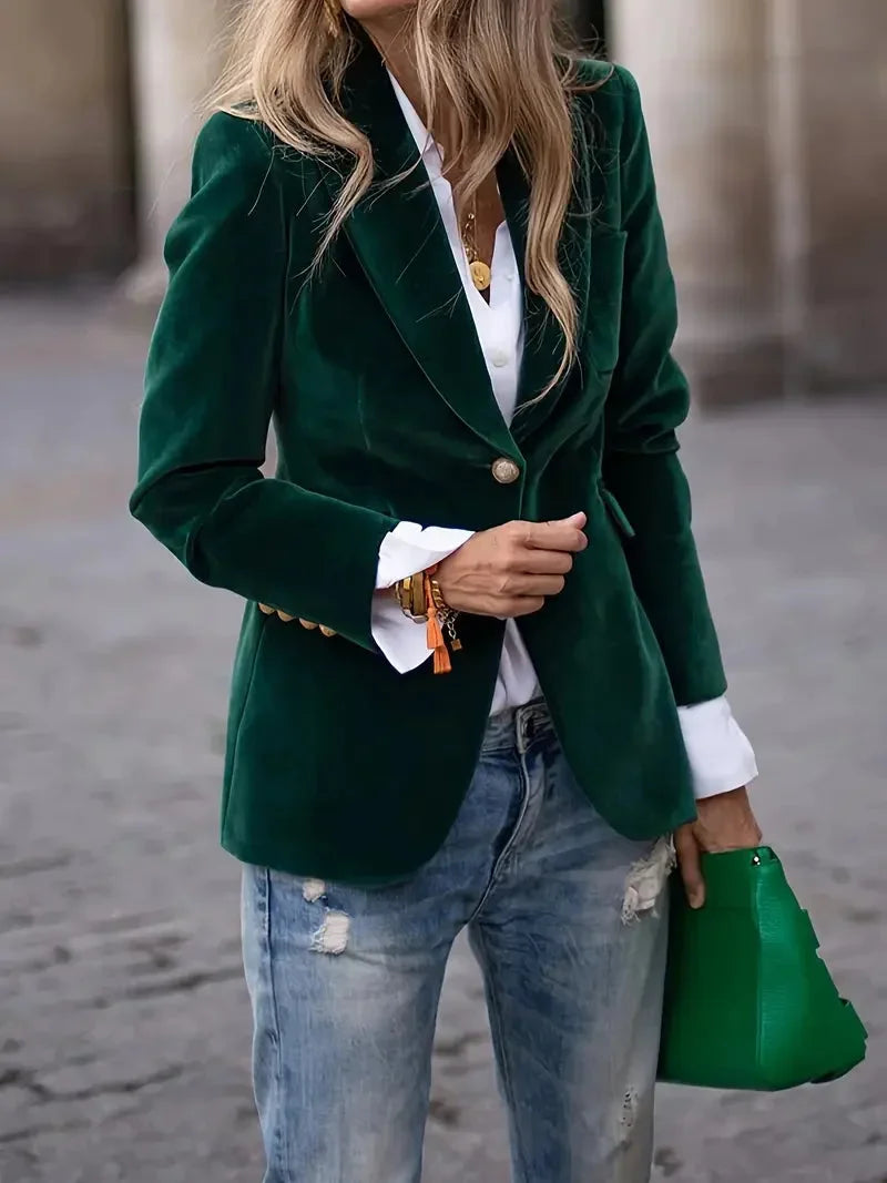 Women’s Velvet Button-Front Tailored Blazer - Single-Breasted Workwear Jacket