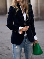 Women’s Velvet Button-Front Tailored Blazer - Single-Breasted Workwear Jacket