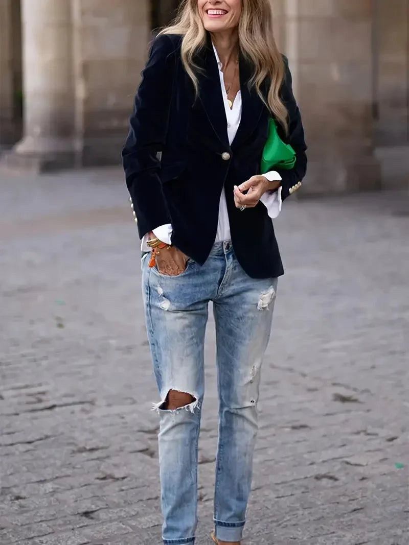 Women’s Velvet Button-Front Tailored Blazer - Single-Breasted Workwear Jacket