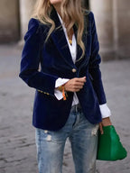 Women’s Velvet Button-Front Tailored Blazer - Single-Breasted Workwear Jacket